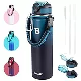 TOPBADE Edelstahl Trinkflasche Sport mit Strohhalm Deckel & no Strohhalm Deckel, 700ml BPA-Frei Auslaufsichere Kinder Flasche mit Paracord Griff, Kohlensäure Wasserflasche Thermo für Schule, Fitness