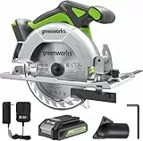 Greenworks Kreissäge-Set, 24 V, bürstenlos, 6-1/2 Zoll, 4800 U/min, einstellbare Schnitttiefe 45°/90°, mit 24 V 2 Ah Akku und Ladegerät