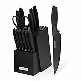 Messerset mit Block, 15-teiliges Küchenmesser-Set, eingebauter Schärfer, Küchenmesser zum Hacken, Schneiden, Würfeln, spülmaschinenfest, schwarz