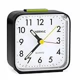 HERMIC Wecker Analog Ohne Ticken Wecker mit Licht, Batteriebetrieben, Lauter Alarm, Schlummerfunktion, Geräuschlos, Leuchtziffern Tragbarer Leise Klein Reisewecker für Tiefschläfer