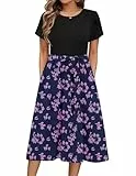 Zeagoo Kleid Damen Sommer Elegant Floral Kleid Damen Rundhals Strandkleid Kurzarm Swing A Linie Shirtkleid Casual Kleider mit Gürtel FloralK M