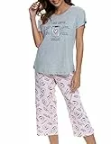 ENJOYNIGHT Schlafanzug Damen Kurz Pyjama Set Kurzarm Top mit 3/4 Lang Schlafhose Zweiteiliger Nachtwäsche S-3XL (Large,Herz Tasse)
