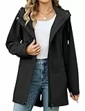 CMTOP Jacke Damen Lang Wasserdicht Winddicht Parka Reißverschlusstasche Übergangsjacke Abnehmbare Kapuze Softshelljacke Windbreaker Leicht Regenjacke für Frühling Sommer Herbst(Schwarz,XL)