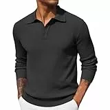 Generisch Polo Shirts Für Herren Langarm Waffle Einfarbige Sweatshirt mit Knöpfen Herbst lässig Polohemd 2025 Pullover Pulli Playera Tipo Polo para Hombre(Grey, M)