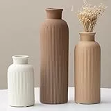 25 cm, Keramik Vasen 3er-Set, Erdtöne, Kleine Blumenvasen für Pampas Gras und Getrocknete Blumen, Moderne Rustikale Bauernhaus Deko für Regal, Tisch, Bücherregal (Kaffee-Mischung)