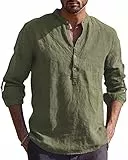Kvruhuiy Leinenhemd Herren Hemd Freizeithemd Henley Shirts Tops Länge Ärmel Sommer Strand Hemd Armeegrün L