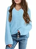 Haloumoning Mädchen Pullover V-Ausschnitt Leichter Strickpullover Kinder Basic Einfarbig Langarm Knitted Sweater Winter Shirt Pulli Oberteile Blau 13-14 Jahre