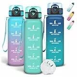 Grsta Trinkflasche 1l, Wasserflasche Auslaufsichere, Trinkflasche Sport mit Sichere Verriegelung, Mit Zeitmarkierung und Schnürung, Flasche mit Filter für Reisen, Wandern, Arbeit