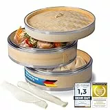 Dimono® Dampfgarer Bambus mit Edelstahl, 2 Etagen Bambus-Dämpfer mit Deckel, Dampfkorb Reiskocher für Sim Sum Dumplings, Gemüse, Reis, Fleisch und Fisch (Ø 24 cm)