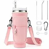 Enbagold Wasserflaschenhalter Tasche für Stanley Cup 40oz, Stanley Cup Tasche mit Riemen und Telefontasche, Strohzubehör & Auslaufsicheres Zubehör und Karabinerhaken (Rosa)