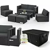 Juskys® Polyrattan Gartenmöbel Set Salou inkl. Abdeckung - Outdoor Lounge wetterfest 6 Personen - Sitzecke mit Tisch & Kissen für Garten, Balkon, Terrasse - Schwarz