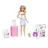 Barbie-Puppe, Reise-Barbie mit blonden Haaren, 10+ Reisezubehör, Aufkleber, Koffer, Welpe, inkl. 1 Puppe, Geschenk für Kinder, Spielzeug ab 3 Jahre,HJY18