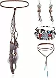 LOLIAS 4 Teiliges Indianer Kopf Schmuck Set Lederhalskette Und Feder Ohrringe Für Damen Handgefertigtes Armband Vintage Boho Hippie Tribal Mottoparty Karneval Schmuck