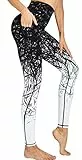 COOLOMG Damen Yoga Leggings Hohe Taille Fitnesshose Laufhose Leggins mit Taschen Zweig_Schwarz S