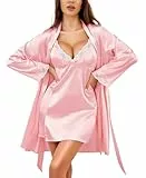 RSLOVE Damen Satin Nachthemd Set - Sexy Negligée mit Spitze & Passendem Morgenmantel, 2-teiliges Nachtkleid Dessous Set Rosa L