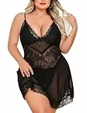UMIPUBO Dessous Damen Sexy Unterwäsche Große Größen Babydoll Negligees Kleid V-Ausschnitt Spitze Nachtwäsche Nachthemd Reizwäsche Curvy Rückenfrei Body Lingerie Frauen XL-4XL mit Tanga (Schwarz, XL)