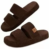 LongBay Hausschuhe für Damen Memory Foam Offene Zehen Slip-On Bequeme Hausschuhe mit zwei Riemen, Kaffee 38-39