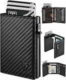 TEEHON Leder Geldbörse Herren mit Münzfach & RFID Schutz | Slim Wallet Kreditkartenetui mit Banknotenfächer | Carbon Geldbeutel Herren Kartenetui Klein& ID-Fenster | Mini Portmonee Herren | Schwarz
