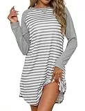 Uniexcosm Nachthemd Damen Langarm Streifenkontrast Schlafshirt Baumwolle Nachthemden für Frauen mit Rundhalsausschnitt Sleepshirt Sleepwear B:Hellgrau-1 M