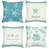 COZZSNUGE Sommer Küsten Kissenbezüge 45 x 45 cm, Seestern Muschelschale Koralle Maritim Polyester Dekorative Kissenhülle Zierkissenbezüge für Sofa Wohnzimmer Zuhause 4er Set