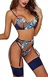 Kimlyf Dessous Damen Sexy Unterwäsche Reizwäsche Dessous Sexy Set für Damen mit Strapsen mit Spitze mit BH und Slip mit Beinbändern 4 Stück innen Dunkelblau S