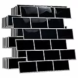 WALPLUS 20Pcs 3D Fliesenaufkleber 30.5x15.4cm Mosaikfliesen Selbstklebend Glänzende Klebefliesen Küche Wasserfeste Fliesenaufkleber Bad Epoxidharz Finish Klebefliesen Schwarz Metro für Bad und Küche