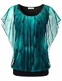 BAISHENGGT Damen Sommer Netz Bluse Flatter Kurzarm Tshirt Rundkragen Falten Elegant Oberteile Top Blusen Pfau Blau XXL