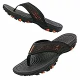 WateLves Herren Flip Flops Zehentrenner Leder mit Arch Support Sandalen Weich Leder Stoff Badelatschen Sommer Beach Rutschfest Hausschuhe Pantoletten(Schwarzorange,44 EU)