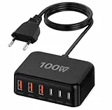 USB C Ladegerät, 100W 6-Port USB C Netzteil Schnellladegerät, PD 3.0 USB C Charger Power Adapter+QC USB A Mehrfach Ladegerät für iPhone 16 15 14 13 Pro/Pro Max, iPad,Samsung S24/S23