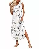 AUSELILY Damen Sommer Blumen Maxikleid Ärmellos Strandkleider Lose Lang Rundhals Hemdkleid mit Schlitz Blumen Weiß XL