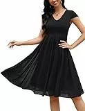 Clearlove Damen Kleider V-Ausschnitt Halbarm Mesh Kleid mit Doppelschicht Chiffon Saum Freizeitkleid(Schwarz,L)