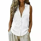 Generisch Tank Tops Damen Elegant Bluse Damen Ärmellose Blusentops Baumwolle Leinen Blusenshirt V-Ausschnitt Button Down Leicht Einfarbig Sommer Leinenbluse für Lässigen Alltag