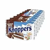 Knoppers Black and White – 8 x 25 g – Gefüllte Waffelschnitten mit dunklen Kakaowaffeln, dunklen Gebäckstückchen, Milch- und Nougatcreme