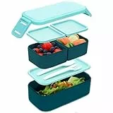 Bugucat Brotdose Kinder mit Fächern 1300ML, 2 in 1 Brotdosen Lunchbox Kinder mit 3 Fächern, Auslaufsicher Bento Box Lunchbox Erwachsene, Vesperdose Frühstücksbox für Mädchen & Jungen BPA-Frei Blau