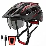 RLQA Fahrradhelm Herren Damen, MTB/Rennrad Helm mit Abnehmbarer Magnetischer Visier & Brille, Radhelm mit 24 Luftungsschlitzea, LED Rucklicht, Reithelm Verstellbare GroBe (L:58-61cm, Schwarz&Rot)