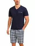 Bresdk Pyjama Herren Schlafanzug Kurz Baumwolle Sommer Set für Männer Nachtwäsche Kariert Blau01 M216 L
