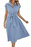 ASOMI Sommerkleid Damen Hemdkleid Kurzarm: Elegant Kurzarm Strandkleid Büro Wickelkleid Mode Tasche Hemdblusenkleid Lässig Blusenkleid Midikleid Knopf Plisseekleid V-Ausschnitt Gürtel A-Hellblau XL