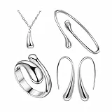 TOFBS 4 Stück Wassertropfen Schmuckset für Damen Mädchen Silber Gold Träne Anhänger Halskette Ohrringe Armband und Ringe Schmuck Set (Silber)