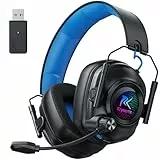 Krysenix KGH2 Gaming Headset Wireless für PS4, PS5, PC, Mac, Switch, 2.4GHz Faltbares Kabelloses Headset mit Mikrofon&LED, 40H Akkulaufzeit, Schwarz Blau