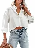 Tankaneo Cropped-Hemd für Damen, langärmelig, lässig, bauchfrei, einfarbig, Revers, Bluse, Hemd mit Brusttasche, 01-weiß, X-Groß