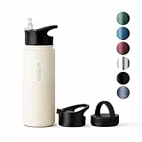 Vinsun Thermosflasche 500ml creme - auslaufsicher, Kohlensäure geeignet, BPA frei - 3 Deckel - Edelstahl Trinkflasche Sport, Outdoor, Schule, Uni, Fahrrad, Büro, Camping