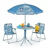 Relaxdays Camping Kindersitzgruppe, Motiv Tiere, Kindersitzgarnitur mit Sonnenschirm, Klappstühlen & Tisch, Garten, blau