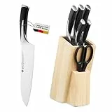 GROSSMAN Oxford Bürsten Messerblock 6-teilig – Küchenmesser Set mit schwarzen Griffen – deutsche Edelstahlklingen – Messerhalter in Beige – rutschfest & langlebig