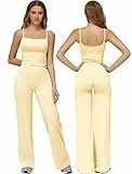 Odizli Sport Set Damen Sporttop Top mit Integriertem BH + High Waist Wide Leg Leggings Sporthose Sportleggings Yogahose Sportset Outfit Sportbekleidung Fitness Gym Workout Yoga Sportanzug Gelb S