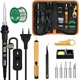 Lötkolben Set 80W LCD Einstellbar Temperatur 180-520°C Lötkolben mit Ein/Aus Schalter, 50g Lötdraht, 5 Lötspitzen, Entlötpumpe, Lötkolbenständer, Pinzette, Lötset für Elektrische Arbeiten