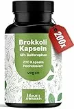 Brokkoli Kapseln - 200x Sulforaphan Hochdosiert - 1000mg pro Tagesportion - 130mg Sulforaphan - Brokkolisprossen - Vegan und produziert in Deutschland - Verpackung kann variieren