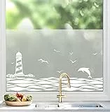 dktie Fensterfolie Blickdicht Sichtschutzfolie Fenster Milchglasfolie Muster des Meeres Statische Aufkleber ohne Klebstoff Wiederverwendbar Geeignet für Wohnzimmer, Schlafzimmer, Küche 44.5x200cm