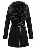 Geschallino Damen Lang Jacke aus Wildlederimitat Winter Warmer Fleece Gefütterter Parka mit Abnehmbarem Pelzkragen FF206 Schwarz S