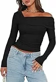 TrendiMax Damen Langarmshirt Elegant Stretch Pullover Slim Fit One Off Shoulder Oberteil Langarm Tshirts Schulterfrei Asymmetrischer Sexy Enge Tops Y2K Crop Top (S, Schwarz)