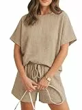 Tankaneo 2-teiliges Damen-Shorts-Set, Sommer, lässig, kurzärmelig, übergroß, strukturiert, T-Shirts, Tops, Lounge, passende Sets, Hellkhaki, L